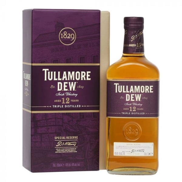 Tullamore Dew 12 Year Old Special Reserve Irish Whiskey with a purple display box.