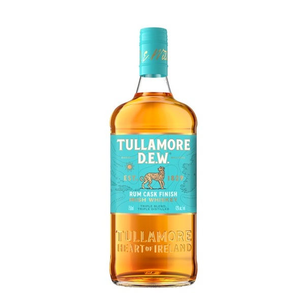 Tullamore Dew Rum Cask Finish with an amber colour and a light blue label and cap.