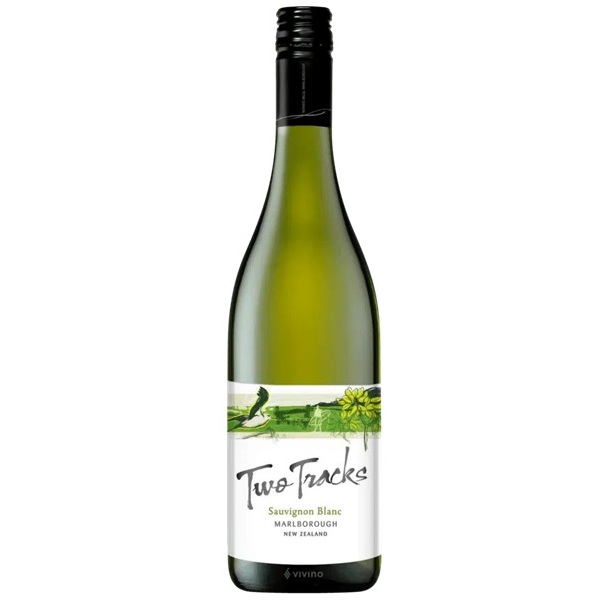 Two Tracks Sauvignon Blanc in a green bottle with a green and white label.