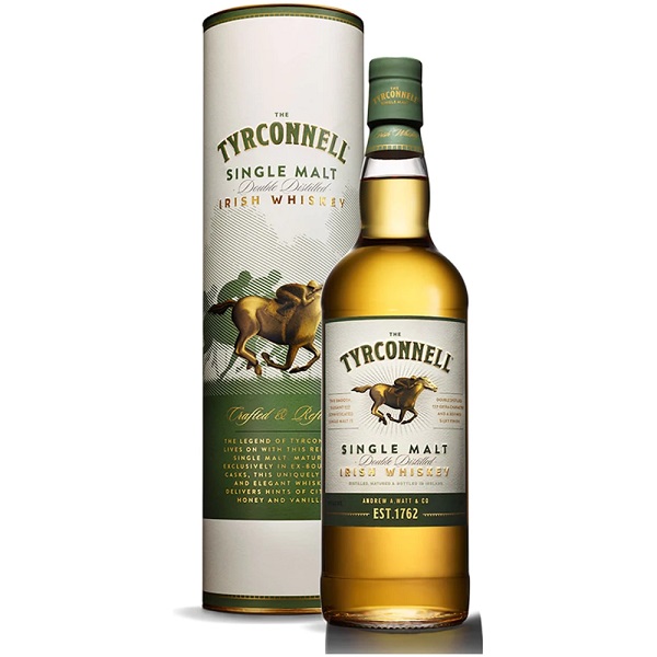 The Tyrconnell Single Malt with a horse on a white and green tube and a horse on a cream label on clear bottle.