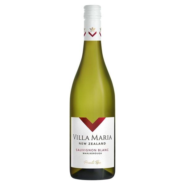 Villa Maria Sauvignon Blanc in a green bottle with a red v on a white label.