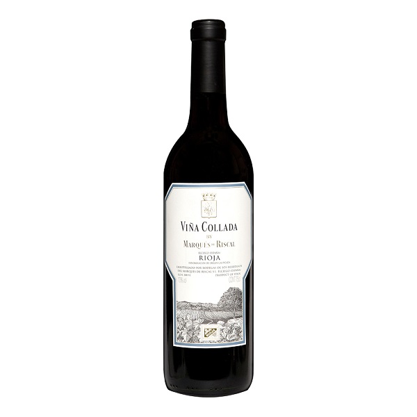 Marques de Riscal Viña Collada Spanish red wine in a dark bottle and a white label.