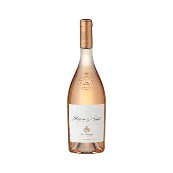 Chateau D'Esclans Whispering Angel pink rose wine with a white label.