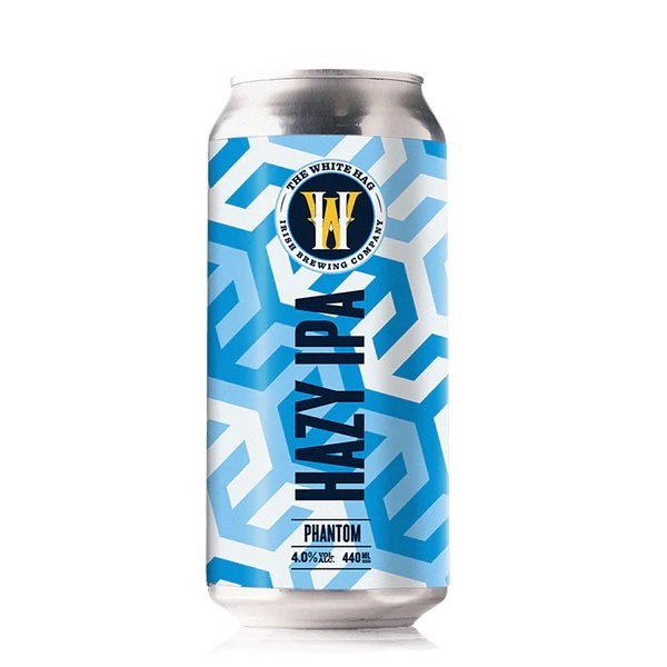 The White Hag Phantom Hazy IPA in a blue and white patterned can with black text.