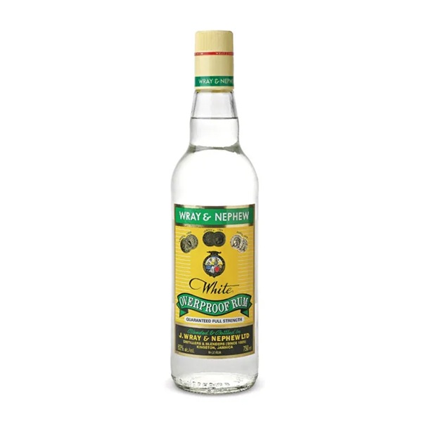 Wray and Nephew White Overproof Rum in a clear bottle with a yellow and green label.