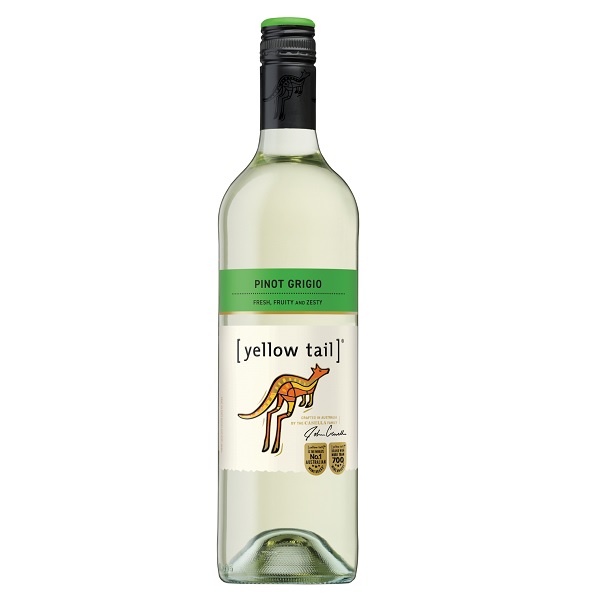 Yellow Tail Pinot Grigio Australian white wine in a clear bottle with a kangaroo on a white and green label.