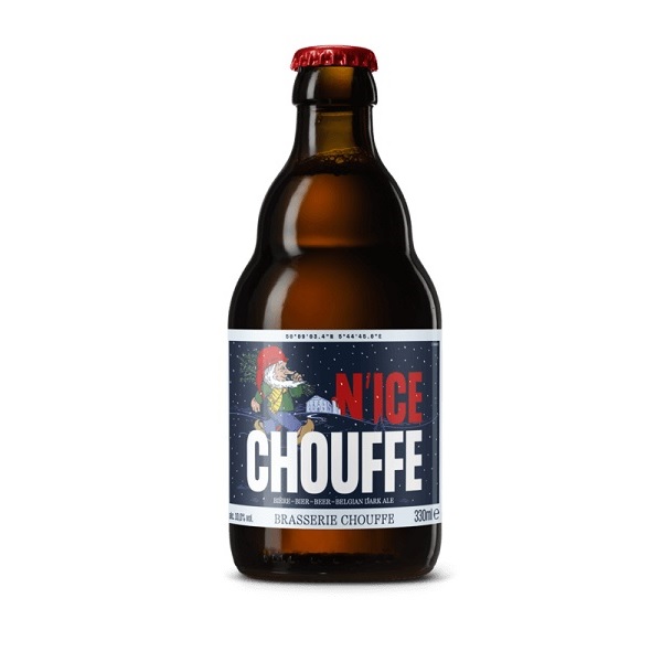 N'ice Chouffe in a dark bottle with a gnome on a dark blue label and red and white text.