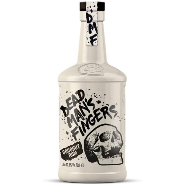 Dead Man's Finger Coconut Rum in a white bottle with a skull head and black writing.