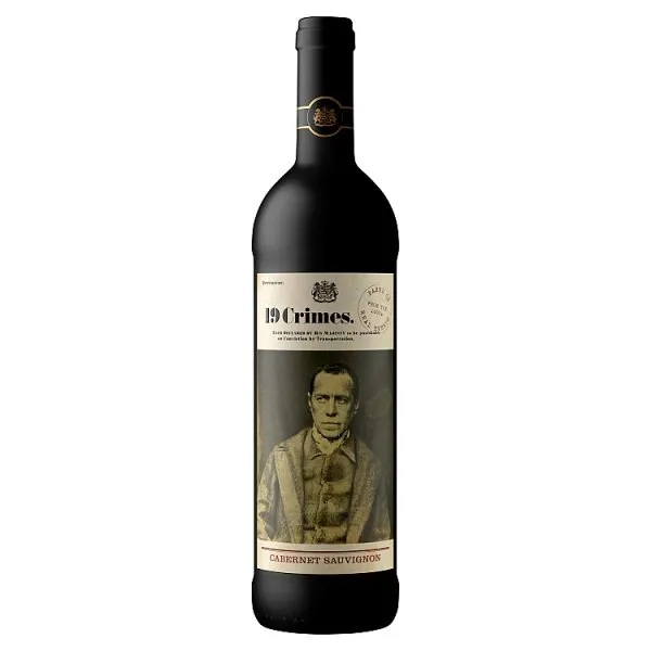 19 Crimes Cabernet Sauvignon in a black bottle with a man on the label.