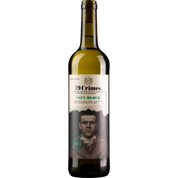19 Crimes Sauv Block Sauvignon Blanc in a green bottle with a man on a black and cream label.