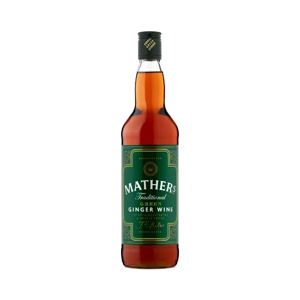 Mather's Traditional Green Ginger Wine with a green and gold label and white text.