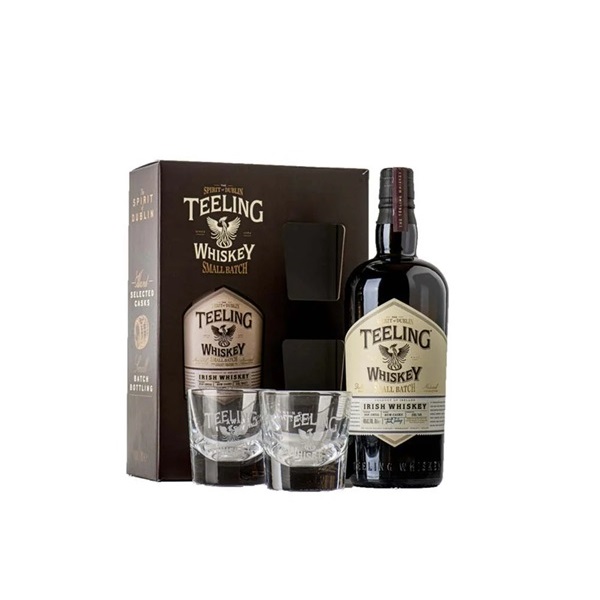 Teeling Small Batch Irish Whiskey Gift Set in a dark brown box with two glasses and a Teeling whiskey bottle.