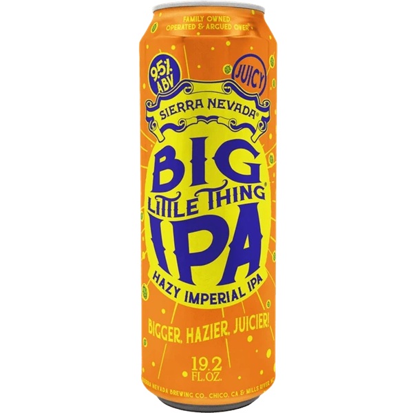 Sierra Nevada Big Little Thing IPA with purple text on an orange and yellow can.