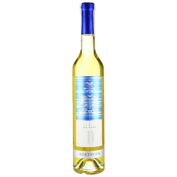 Bostavan Floare de Dor Ice Wine in a tall slim bottle with a blue and white label.