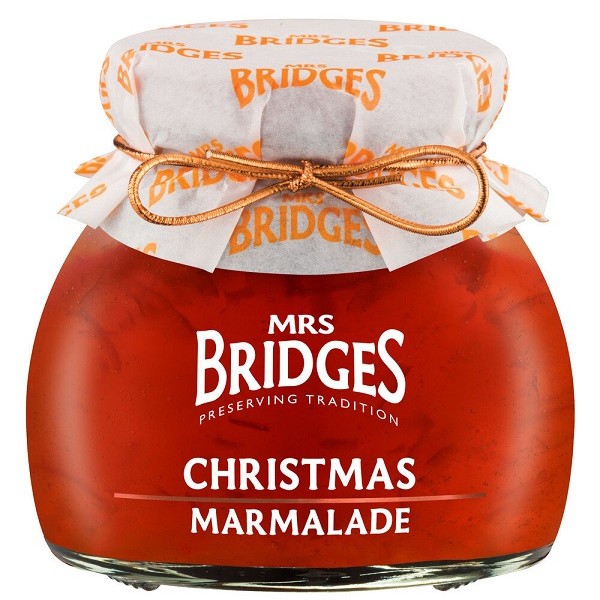 Mrs Bridges Christmas Marmalade in a jar with a paper top, orange marmalade and white text.