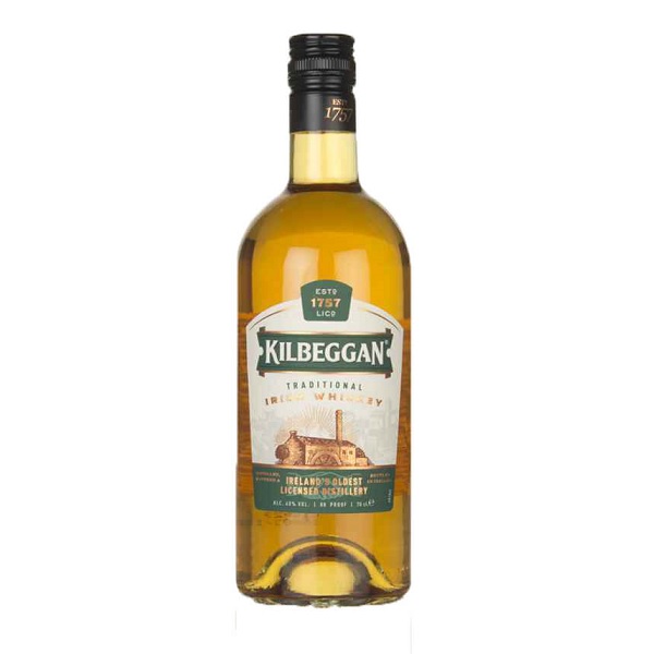 Kilbeggan Irish Whiskey with a green and white label.