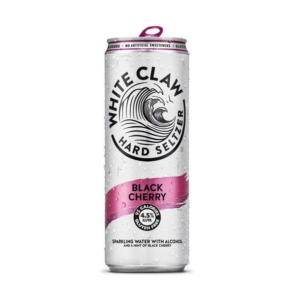White Claw Black Cherry Hard Seltzer in a white can with a purple strip and black text.