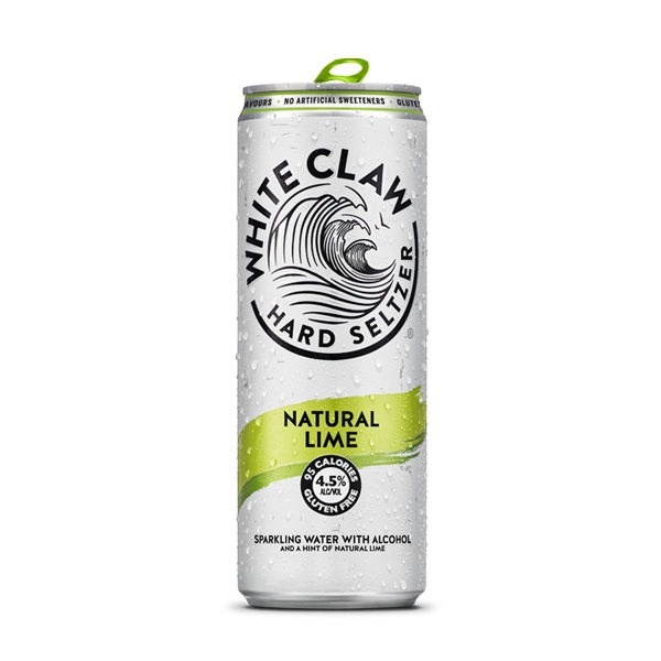 White Claw Natural Lime Hard Seltzer in a white can with a green stripe and black text.