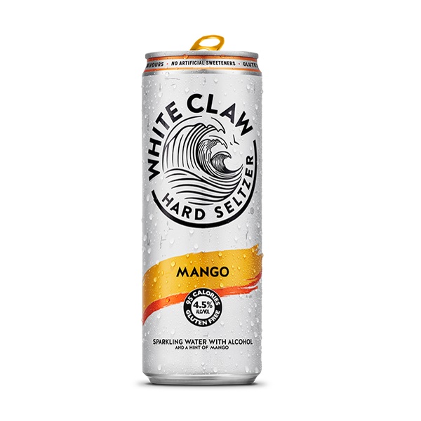 White Claw Mango Hard Seltzer in a white can with an orange stripe and black text.