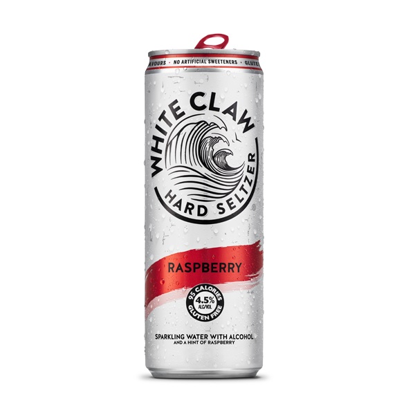 White Claw Raspberry Hard Seltzer in a white can with a red strip and black text.