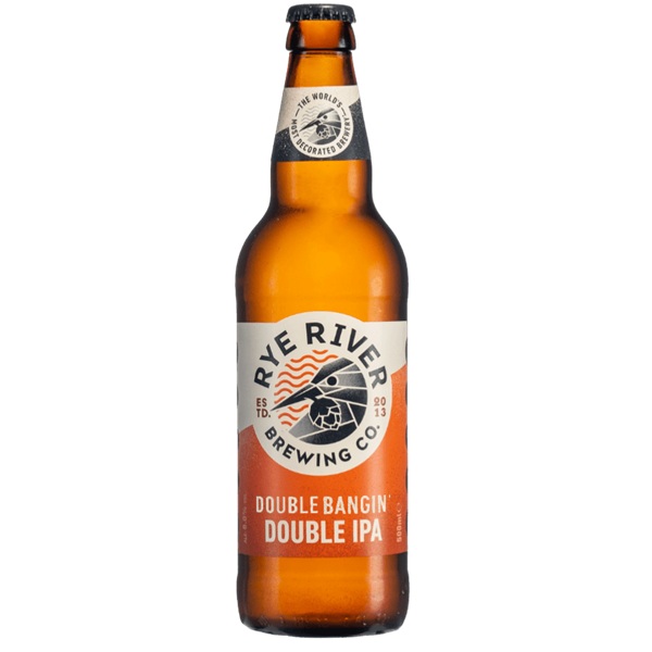 Rye River Brewing Co. Double Bangin Double IPA in a brown glass bottle with an orange and white label and black and white text.