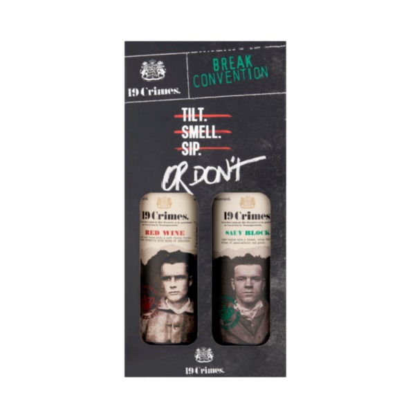 19 Crimes Gift Set with two bottles of wine in a black card box.