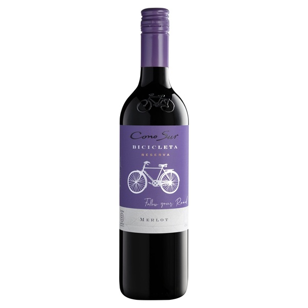 Cono Sur Bicicleta Merlot Reserva with a bike on a purple label.