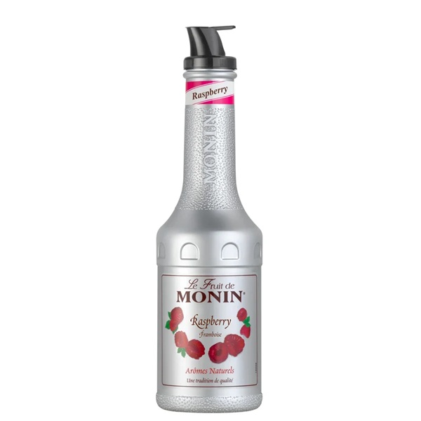 Monin Raspberry Purée in a silver plastic bottle with raspberries on label.