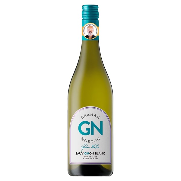 Graham Norton Sauvignon Blanc in a green bottle with a blue top and blue text on a white label.