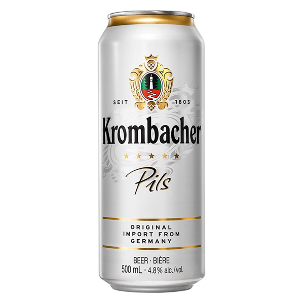 Krombacher Pils in a white can with black text.