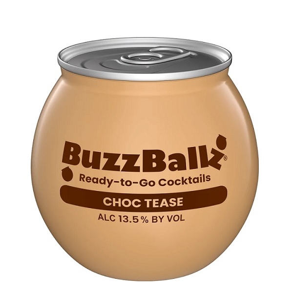 BuzzBallz Choc Tease in a light brown round container with dark brown text.