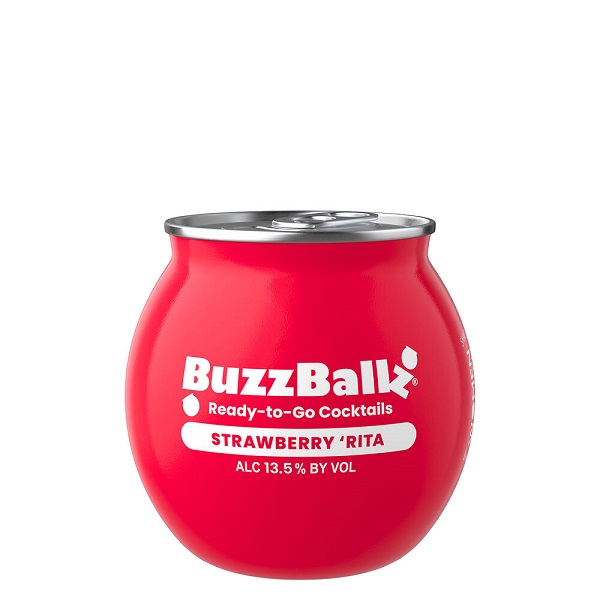 BuzzBallz Cocktails Strawberry 'Rita in a round red plastic container with a silver metal top and white text.