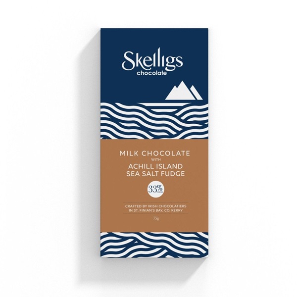 Skelligs Milk Chocolate with Achill Island Sea Salt Fudge Bar in a navy card pack with a brown label.