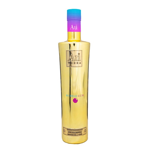 Au Vodka Bubblegum in a gold bottle with a pink and blue top.
