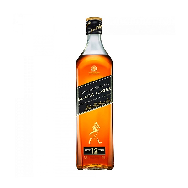 Johnnie Walker 12 Year Old Black Label Scotch whisky with an amber colour and a black label on bottle.