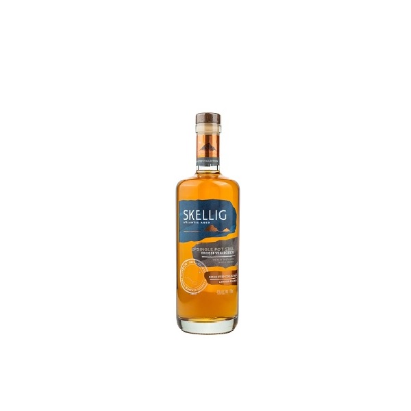 Skellig Atlantic Aged Single Pot Still Irish Whiskey with a blue label and amber colour.