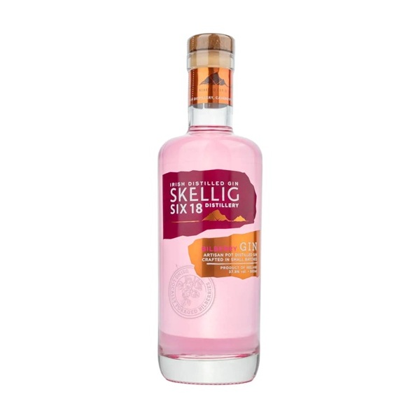 Skellig Six 18 Bilberry Gin Irish pink coloured gin with a dark pink and gold label.