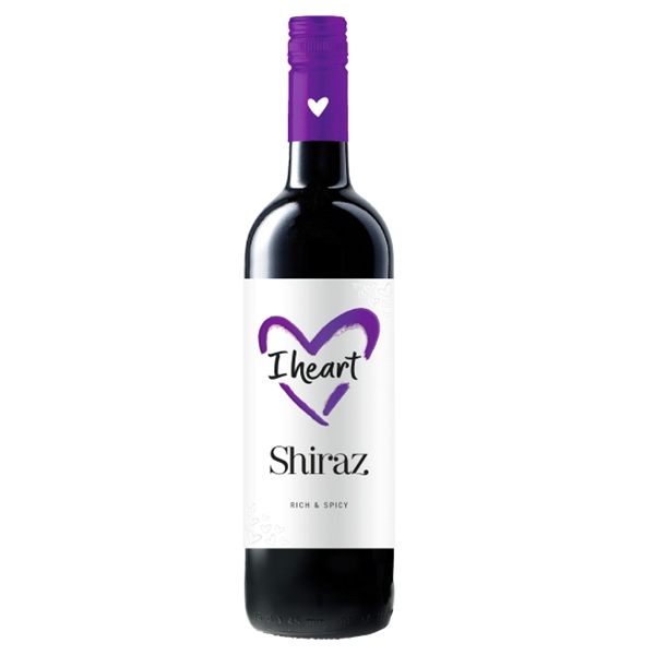 I Heart Shiraz red wine in a dark bottle with a purple top, a purple heart on white label and black text.