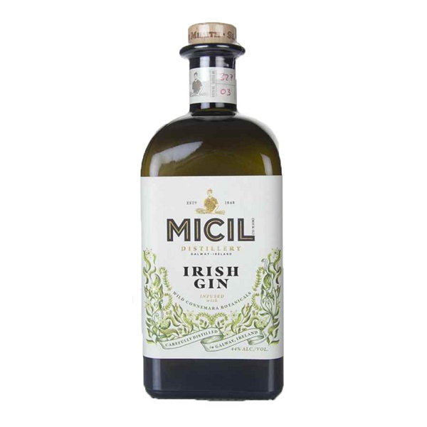Micil Distillery Irish Gin in a brown bottle with a white label and black text.