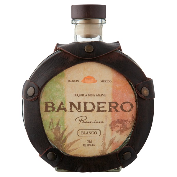 Bandero Tequila Blanco in a dark leather-clad, canteen-style bottle and a green, cream and orange label with brown text.