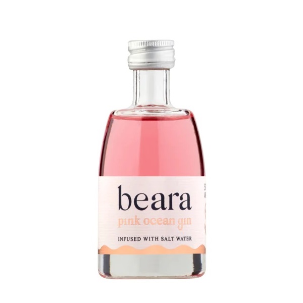 Beara Pink Ocean Gin miniature bottle with a white label and black and pink text.