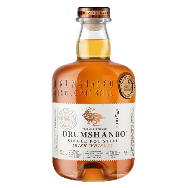 Drumshanbo Single Pot Still Irish Whiskey in an amber colour with a white label and black text.