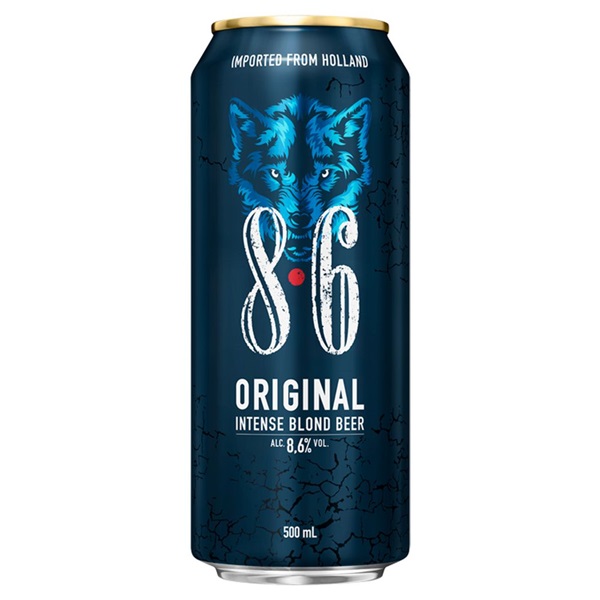 Bavaria 8.6 Original beer in a navy can with white text.