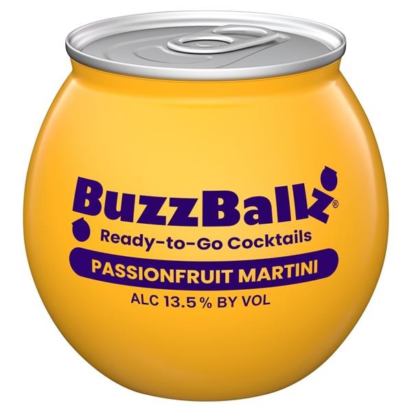 BuzzBallz Passionfruit Martini in a light orange round container with purple text.