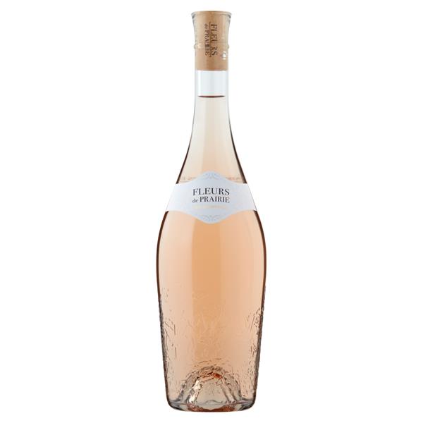Fleurs de Prairie Côtes de Provence French rose wine with a white label and gold top.