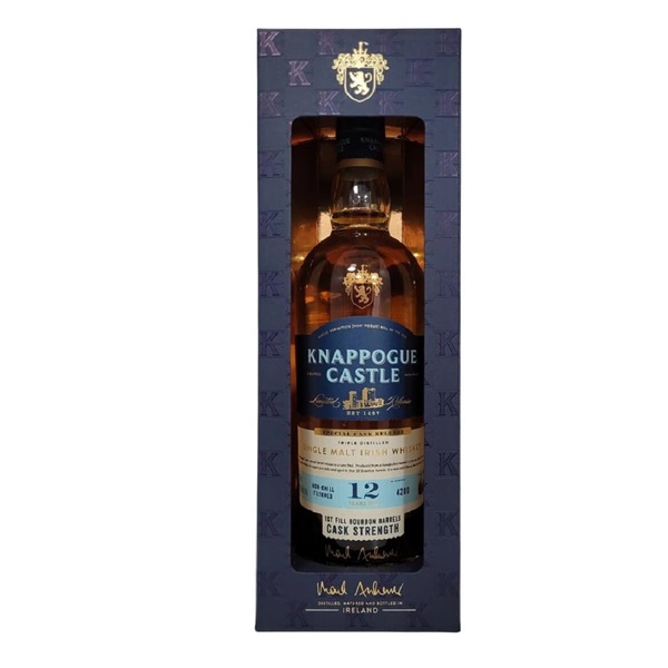 Knappogue Castle 12 Year Old Single Malt Cask Strength Irish whiskey in a navy box with a navy and white label.
