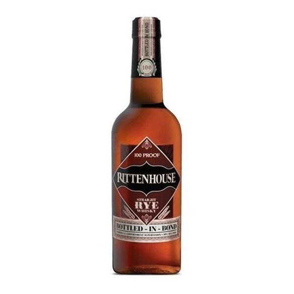 Rittenhouse Straight Rye Whisky in an amber colour with a black and white label.