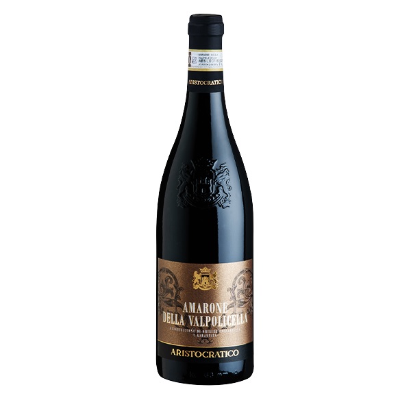 Aristocratico Amarone Della Valpolicella in a dark bottle with a bronze colour label.