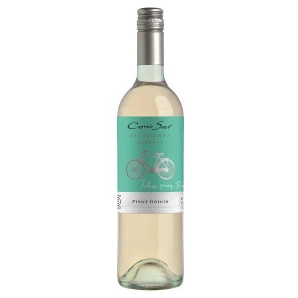 Cono Sur Bicicleta Pinot Grigio Reserva in a clear bottle with a bicycle on a blue label.