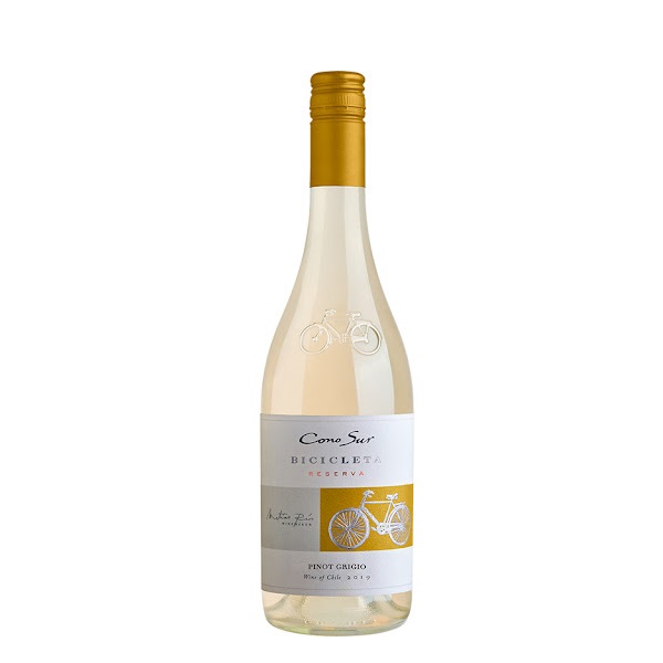Cono Sur Bicicleta Pinot Grigio Reserva in a clear bottle with a yellow top and a white and yellow label.